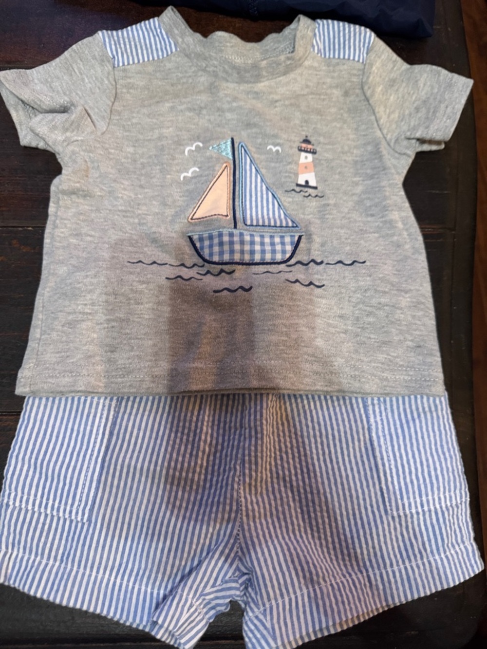 Baby Essentials seersucker Gray and Blue Sailboat Matching Set